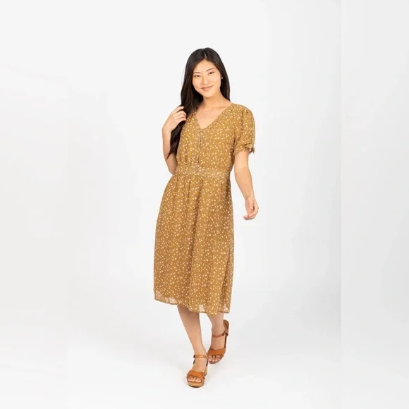 Piper & Scoot Floral Mustard Midi Button Up V Neck Dress - Picture 4 of 14